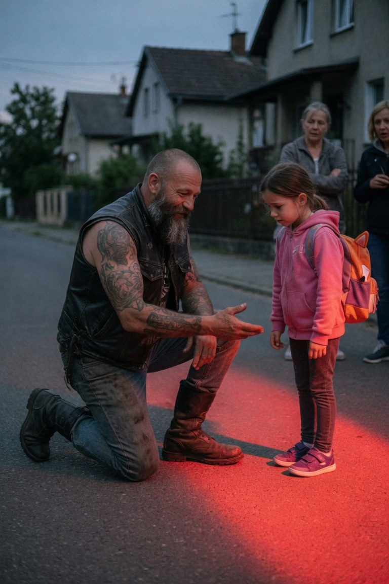 Der tätowierte Biker wurde ausgelacht, weil er die Straßenlaternen bunt machte – bis seine siebenjährige Tochter ins rote Licht trat und flüsterte: „Jetzt finde ich endlich nach Hause.“