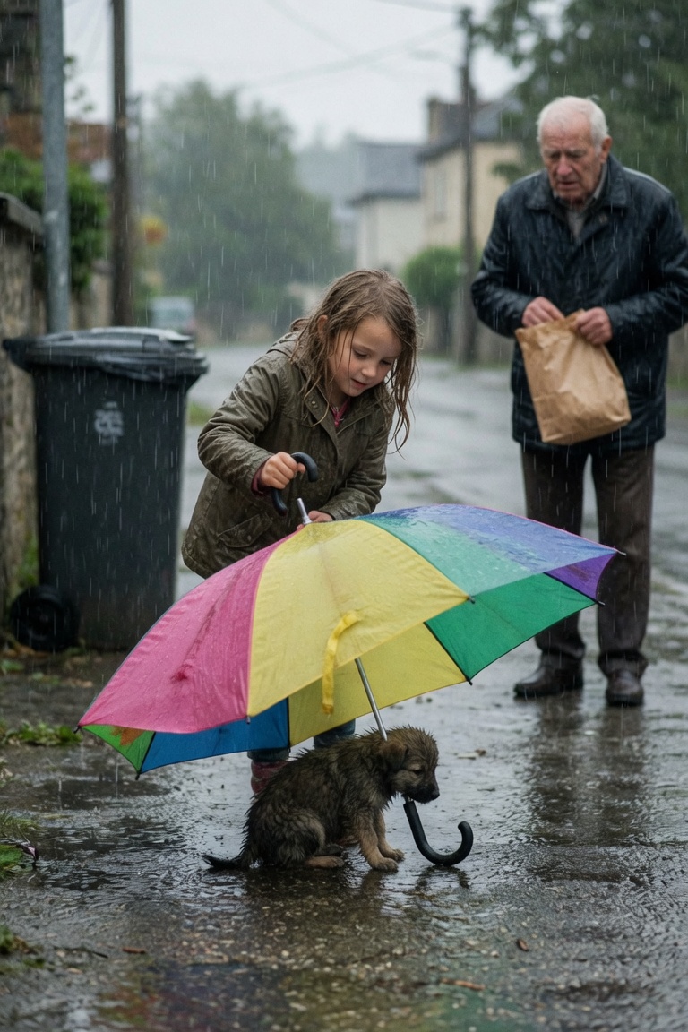 Das kleine Mädchen gab einem zitternden Welpen ihren Regenschirm – was ihr Großvater danach tat, brachte die ganze Straße zum Schweigen